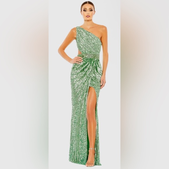 NWT Mac Duggal Green Sequined One Shoulder Draped Lace Up Gown - 5687 - Sage